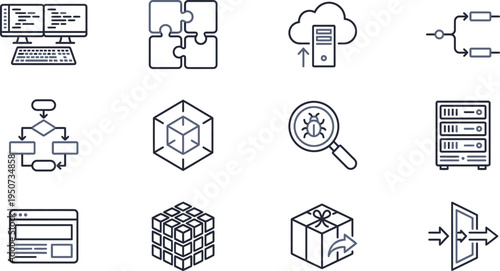 Collection of line icons representing software development, data processing, and system architecture concepts.