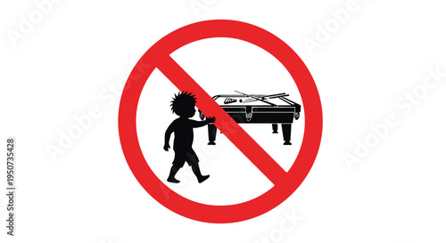 A red prohibition sign featuring a silhouette of a child walking with a table, against a white background.