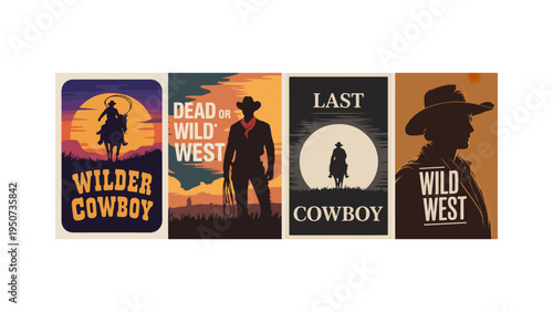 Epic Wild West Cowboy Posters – Rodeo, Lone Riders, Moonlit Cliffs & Gunslingers in Bold Silhouette Western Style