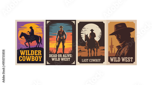 Epic Wild West Cowboy Posters – Rodeo, Lone Riders, Moonlit Cliffs & Gunslingers in Bold Silhouette Western Style