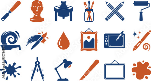 Modern two-tone icons representing a wide array of artistic and creative design tools and supplies.