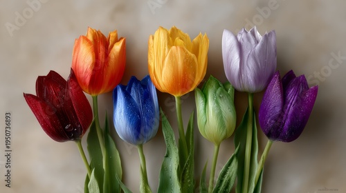 Colorful bouquet of tulips featuring red, orange, yellow, purple, blue, and green flowers arranged with green leaves on a soft neutral background