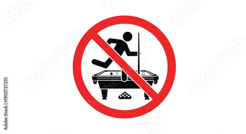 A red prohibition sign featuring a person jumping over a pool table with a cue stick against a white background.