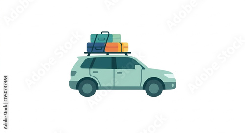 Mudik Family Trip Car with Suitcases on Roof Rack Vector Illustration, Flat Design