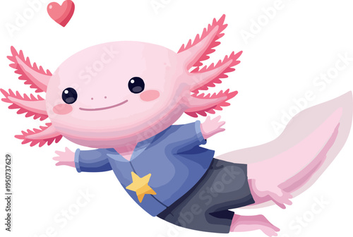 Cute Pink Axolotl In Blue Shirt Flying With Heart
