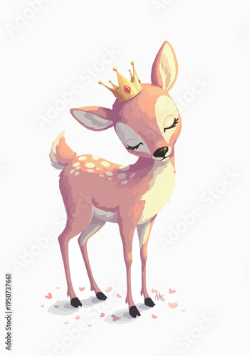 Cute Pink Deer Princess with Golden Crown and Falling Petals Isolated on White