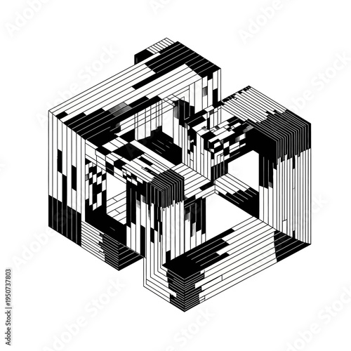 Glitchy 3D cube digital distortion.