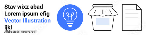 Business ideas, knowledge sharing, food preservation, document management, creative projects, innovation. Light bulb, jar and document symbols. Business ideas and knowledge sharing concepts