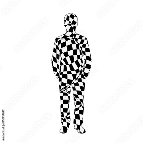 Man wearing checkered racing suit standing.
