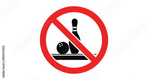 No bowling sign with red circle and line through black bowling ball and pins on white background