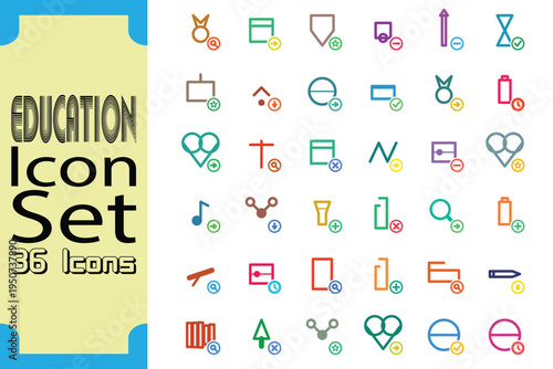 Colorful educational icons set featuring various symbols for learning materials and activities