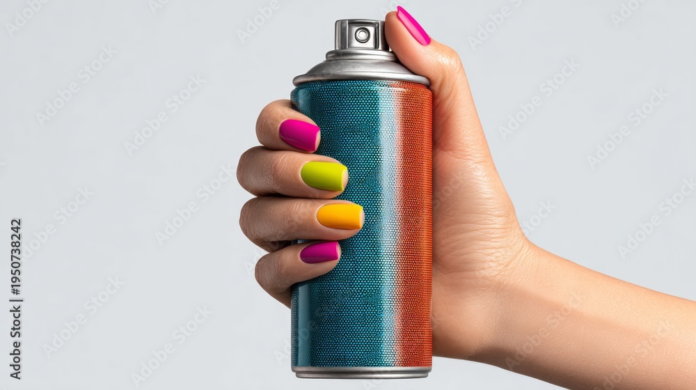 Naklejka premium Hand holding a colorful spray paint can with vibrant nail polish in shades of pink, yellow, and green against a light gray background