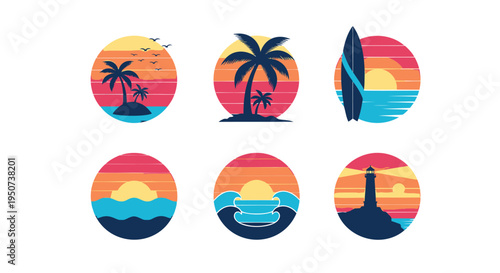 Set of 6 tropical sunset icons vector