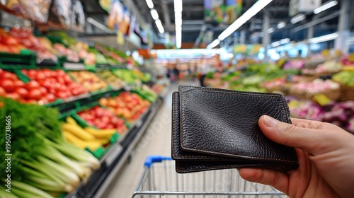 Man holding a closed leather wallet in a grocery store aisle