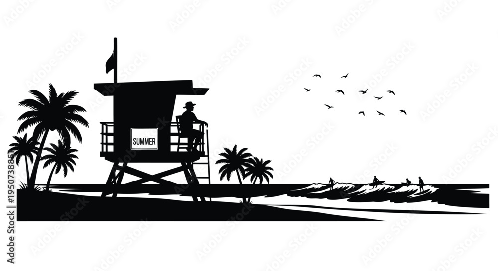 Fototapeta premium Vector silhouette of lifeguard tower on beach with palm trees