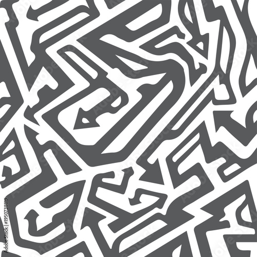 Graffiti style abstract pattern, complex interlocking shapes and arrows, dark gray and white lines, urban art background for creative design, Spray Paint