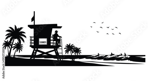 Vector silhouette of lifeguard tower on beach with palm trees