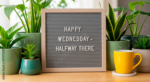 Wallpaper Mural Happy Wednesday Message on Letter Board with Indoor Plants and Coffee Cup – Motivational Desk Setup Torontodigital.ca