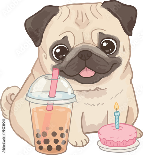 Cute Pug With Boba Tea and Birthday Cake Vector Illustration