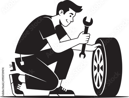 Auto repair service concept with mechanic fixing car wheel, flat vector illustration