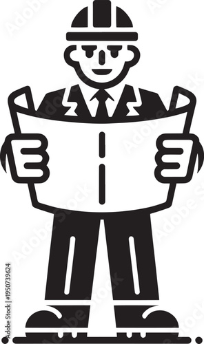 Engineer or architect holding blueprint for construction and planning, minimalist vec