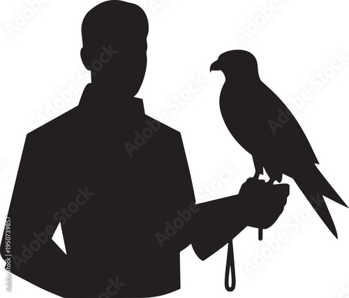 Falconer with falcon bird silhouette for traditional hunting and cultural symbol, vec