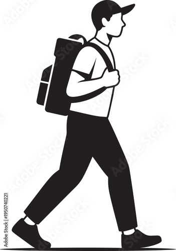 Person walking with backpack for delivery, travel and logistics app ui, flat vector i