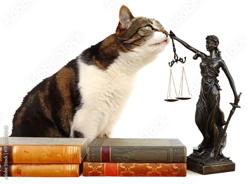 Eine Katze mit einer Justitia Figur und Büchern. Rechtssprechung für Tiere. Freigestellt mit weißem Hintergrund
