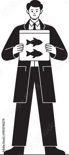 Man presenting fish symbols for marine biology research and environmental study, flat