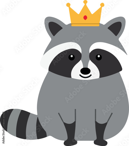 Cute Raccoon King with Golden Crown Flat Design