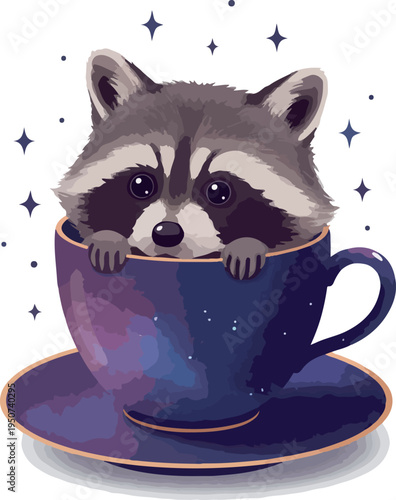 Cute Raccoon In Coffee Cup Minimalist Cute Vector Illustration