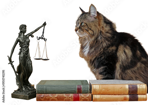 Eine Katze mit einer Justitia Figur und Büchern. Rechtssprechung für Tiere. Freigestellt mit weißem Hintergrund
