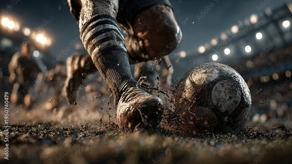 Fototapeta premium A dynamic, low-angle shot captures the intense moment a soccer player kicks a ball, with mud and turf exploding outwards against the green field