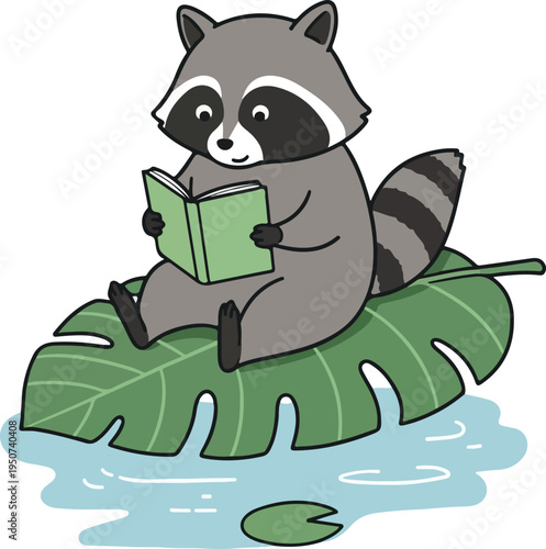 Cute Raccoon Reading Book on Leaf Minimal Illustration