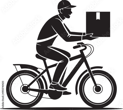 Delivery service man on bicycle holding package, logistics and transport vector icon