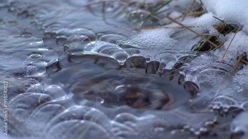 Close-up of Frozen Bubbles on a Winter Stream Surface.