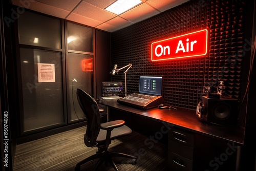 Modern radio studio with on air sign and equipment setup