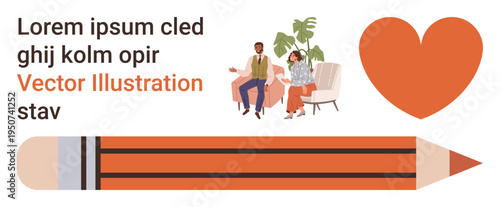 Education, creativity, relationships, teamwork, social interaction, design resources. Group of people sitting, heart shape and pencil. Education and creativity-themed visual elements concept
