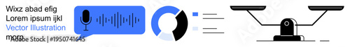 Technology, justice system, voice analysis, data processing, communication, equality. Microphone, speech bubble charts and balanced scale icon. Technology and justice system concept