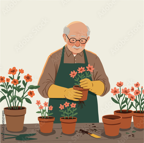 Elderly Man Gardening Planting Flowers In Pots Soft Flat Design