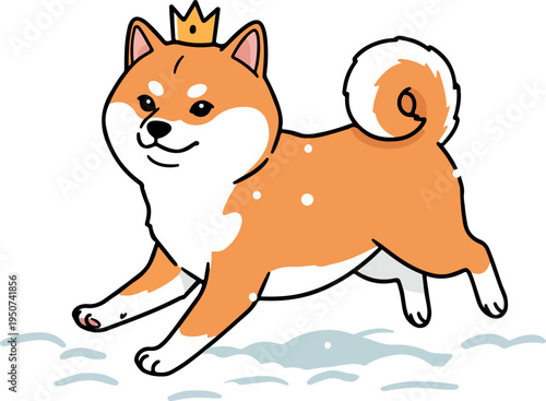Cute Shiba Inu Dog King Wearing Crown with Fluffy Tail in Snow
