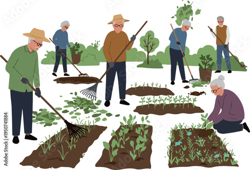 Elderly People Gardening Outdoors In Daytime Flat Design