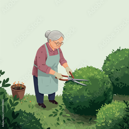 Elderly Gardener Pruning Bushes With Shears in Gentle Garden Light