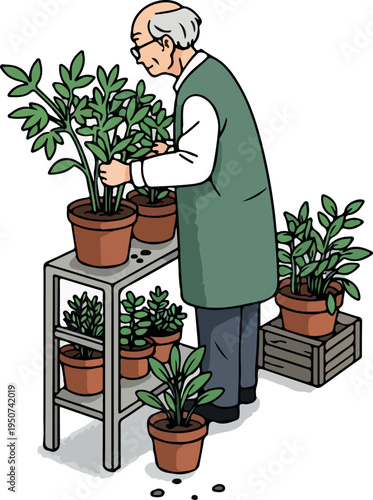Elderly Man Gardening Plants On Shelf Minimal Illustration Flat Design