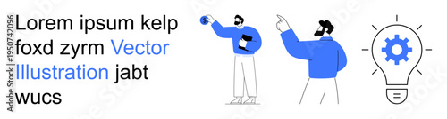 Business solutions, teamwork, planning, idea generation, creativity, and goals. Two people collaborating with a gear and light bulb icon. Teamwork and business solutions concept