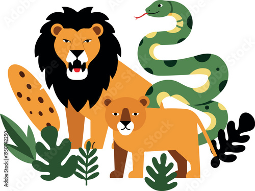 Majestic Lion Cub Snake Jungle Flat Design Isolated Object Vector
