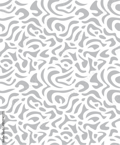 Seamless abstract pattern with flowing gray organic shapes on a clean white background design