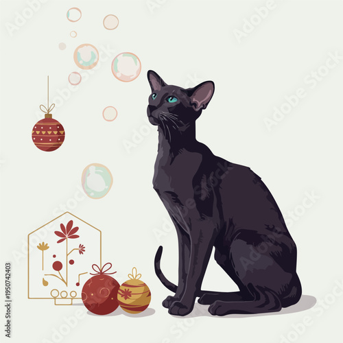 Elegant Black Cat Sitting Near Christmas Ornaments and Bubbles