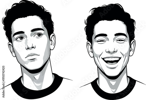 Man Diverse Emotions Black White Vector Portrait Expressing Happiness Sadness