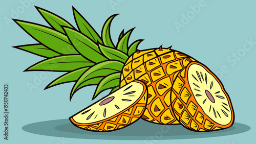 Tropical pineapple vector illustration with whole fruit and slices. Vibrant summer fruit artwork ideal for juice branding, healthy food ads, tropical menu design, packaging, and fresh fruit concepts.